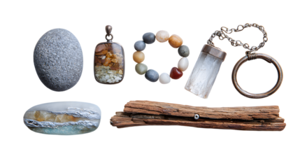 Discover natural treasures like polished stones, unique pendants, and rustic driftwood for your creative projects isolated on white background 