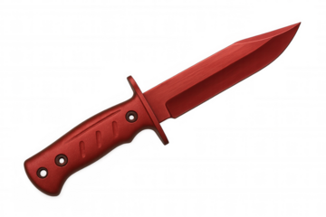 Hunting knife with vibrant red handle, gleaming blade displayed against clean white background, emphasizing precision craftsmanship
