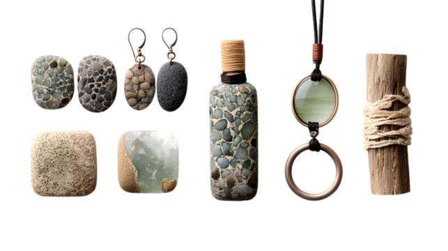Exquisite natural stone jewelry and decor pieces showcase artisanal craftsmanship and organic beauty isolated on white background  - Powered by Adobe