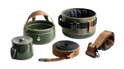 Stylish dog travel set featuring collapsible bowls, leash, and treat bag for adventurous pets isolated on white background 