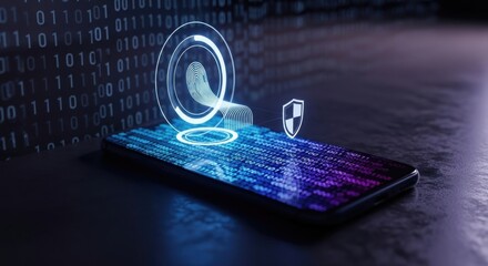 Mobile Security Authentication and Data Protection Concept with Fingerprint Scan and Shield Hologram Digital Technology for Secure Access and Privacy on Smartphone Device