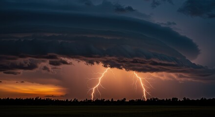 Dramatic lightning strikes under a stormy sky over dark landscape