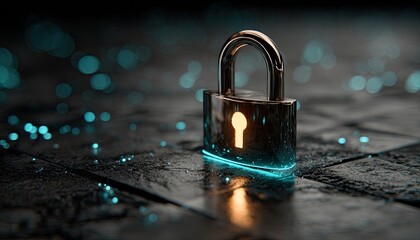 Metallic padlock with glowing keyhole on dark surface