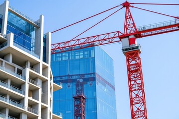 Red Tower Crane at Construction Site, modern building development, urban growth.