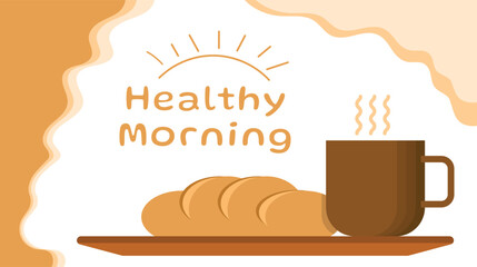 Healthy morning breakfast with coffee and bread in flat vector design