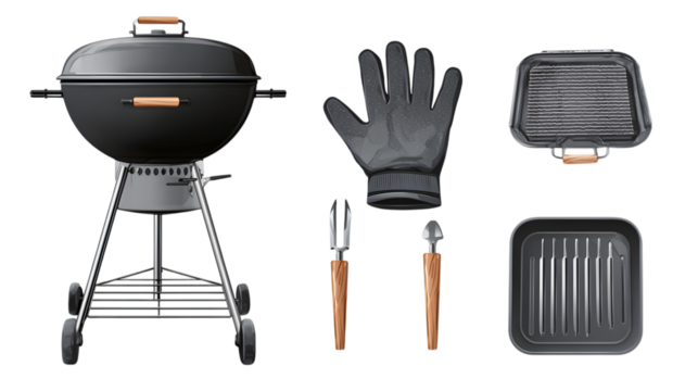 Master summer grilling with this essential charcoal barbecue set featuring a grill, tools, and protective glove isolated on white background 