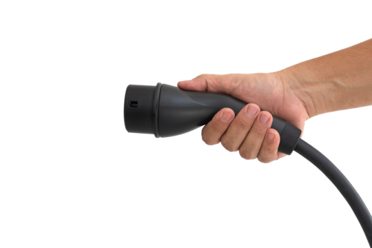 Hand Holding Electric Car Charging Plug Isolated on Transparent Background