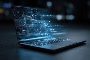 Open laptop, circuit board glowing with digital data