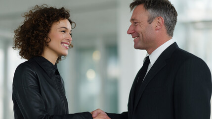 Two successful businesspeople, man and woman shaking hands.
