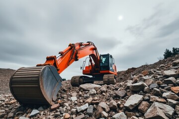 Large Excavator on a Pile of Rocks, heavy equipment for mining and construction, raw materials handling.