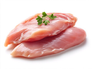 Two raw turkey breast fillets with parsley garnish on a white background