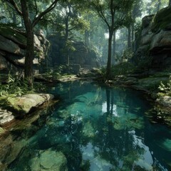 Tranquil forest pool, lush greenery, clear water