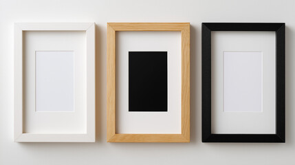 Fototapeta premium Isolated on a black backdrop, three distinct portrait frames are displayed: a white frame, a light oak frame, and a matte black frame, all featuring a white inner mat and a void black space for artwor