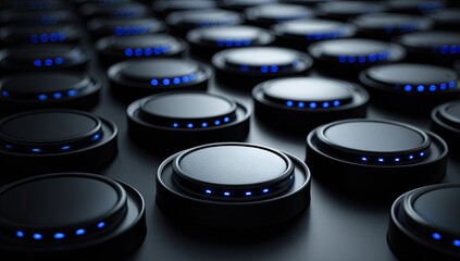 Dark, circular,  tech buttons/elements.  Blue lights