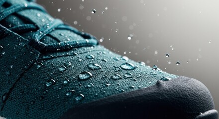 Close-up of waterproof shoe material with water droplets falling