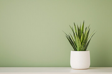 Minimalist Snake Plant in White Pot Against Light Green Wall Background