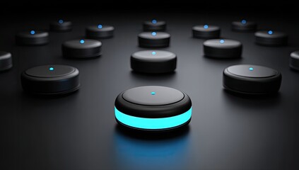 A cluster of dark gray/black round objects, one highlighted with a bright blue ring