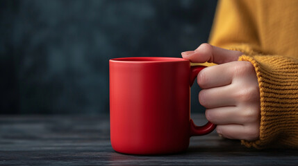 Hand holding a red mug on a dark wooden table surface close up
