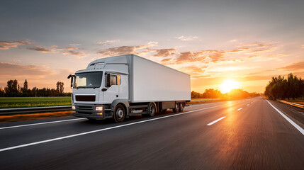 Obraz premium White Delivery Truck on Highway at Sunset Delivering Goods Fast