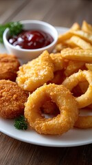 Delicious fried onion rings and chicken nuggets presented with sauce and fresh greens, showcasing a tempting spread in natural light