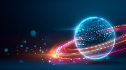 Abstract digital globe with glowing ring illustrating data flow and connectivity