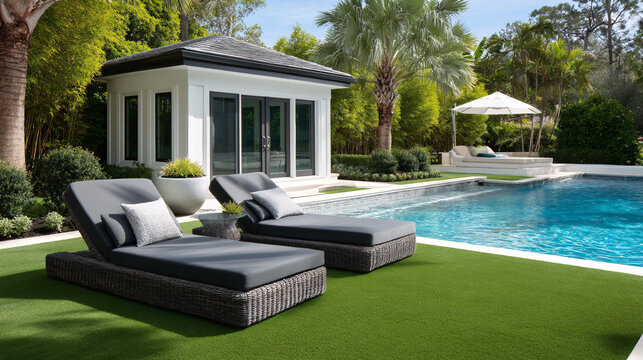 Luxury backyard with pool cabana lounge chairs and manicured landscaping on a sunny day