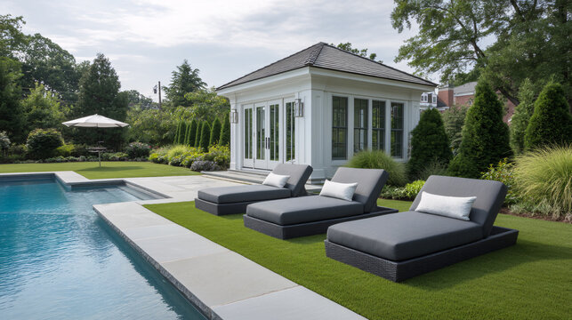 Luxury Poolside Retreat with Chaise Lounges and Elegant Pool House