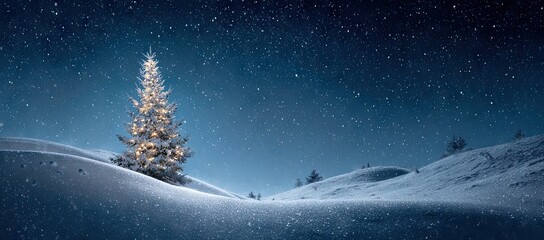 Snowy winter night landscape with illuminated Christmas tree