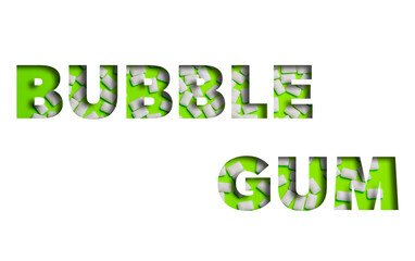 Word BUBBLE GUM made of white mint gum on green background
