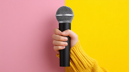 Hand holding a microphone on a pink and yellow background ready to sing