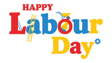 Happy Labour Day: A vibrant typographic illustration celebrates Labour Day with festive colors and symbolic tools. Conveying a message of appreciation.