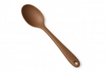 Single brown silicone spoon lying on a transparent background, ideal for cooking and serving food