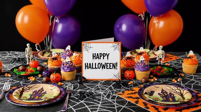 Festive Halloween table setting with colorful balloons, spooky decorations, and delicious cupcakes, showcasing a vibrant celebration atmosphere filled with joy and creativity
