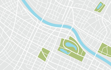 City map navigation. GPS navigator. Top view, view from above. Simple realistic map design with big town, river and parks. Landscape with small and big streets. Vector illustration in dim colors.