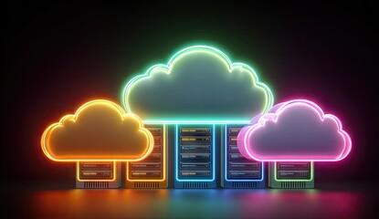 Neon cloud servers.  Colorful neon cloud icons over rows of server racks.  Dark background