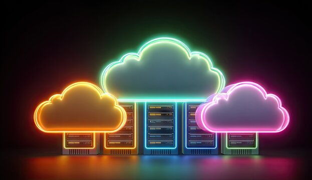 Neon cloud servers.  Colorful neon cloud icons over rows of server racks.  Dark background