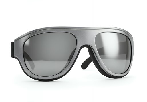 Metallic silver aviator sunglasses with mirrored lenses and black temple tips, sporty shield eyewear isolated on white studio background