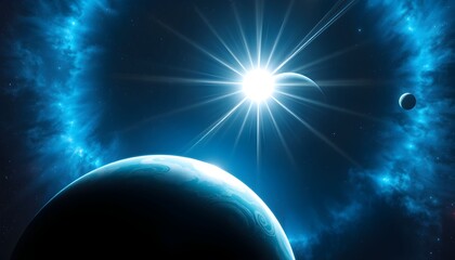Fototapeta premium A radiant blue star illuminates a celestial scene, with a planet and nebulae forming a captivating cosmic backdrop.