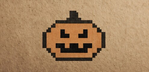 ASCII-style pumpkin printed with rubber stamps forming pixel art border, ink residue background with kraft paper