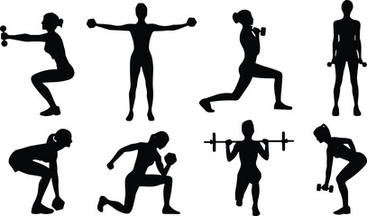 Female fitness silhouettes, dumbbell workouts, squats, lunges, strength training, gym poses, exercise icons, barbell lifting, fitness woman clipart, workout vector