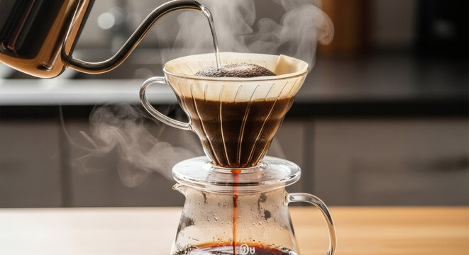 Pouring hot water over coffee grounds in a pour over coffee maker with steam rising around it