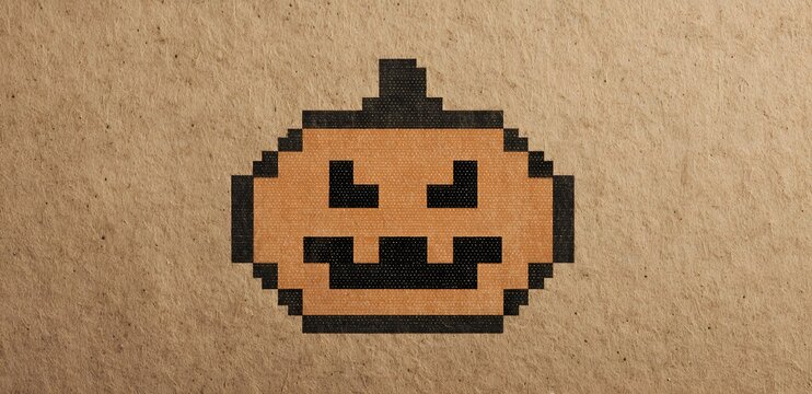 ASCII-style pumpkin printed with rubber stamps forming pixel art border, ink residue background with kraft paper