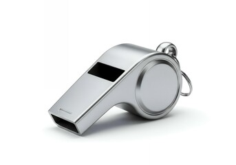 Silver metallic sports referee whistle with polished chrome finish and keychain attachment on white background, professional officiating equipment isolated