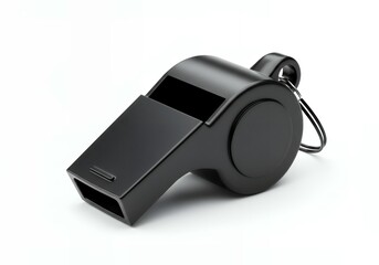 Black matte sports referee whistle with chrome keychain ring on white background, professional coaching equipment isolated studio shot