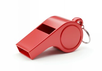 Glossy red sports referee whistle with chrome keychain attachment on white background, vibrant professional coaching equipment isolated closeup