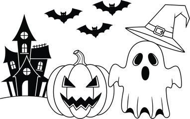Halloween Spooky Scene with Haunted House, Pumpkin, Ghost and Bats