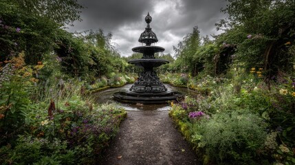 Obraz premium Ornate fountain in lush, overgrown garden under a dramatic sky