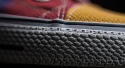 Close-up of a colorful canvas shoe sole with textured rubber