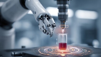 Fototapeta premium A macro shot of a robotic arm precisely adjusting nutrient levels in a bioreactor emphasizing the integration of AI technology to enhance the cultivation process through automation.