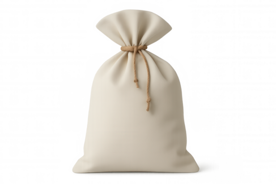 Burlap sack resting on transparent backdrop, representing financial concepts like savings, donations, commerce, gift packaging